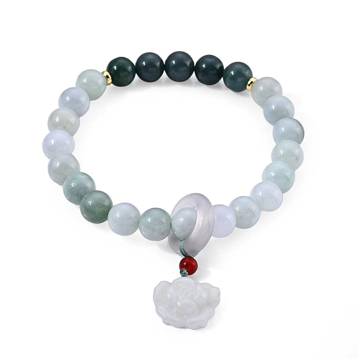Natural Jade and Multi Gemstone Beaded Stretch Bracelet with Lotus Charm in Goldtone (6.25-6.75In) 105.00 ctw