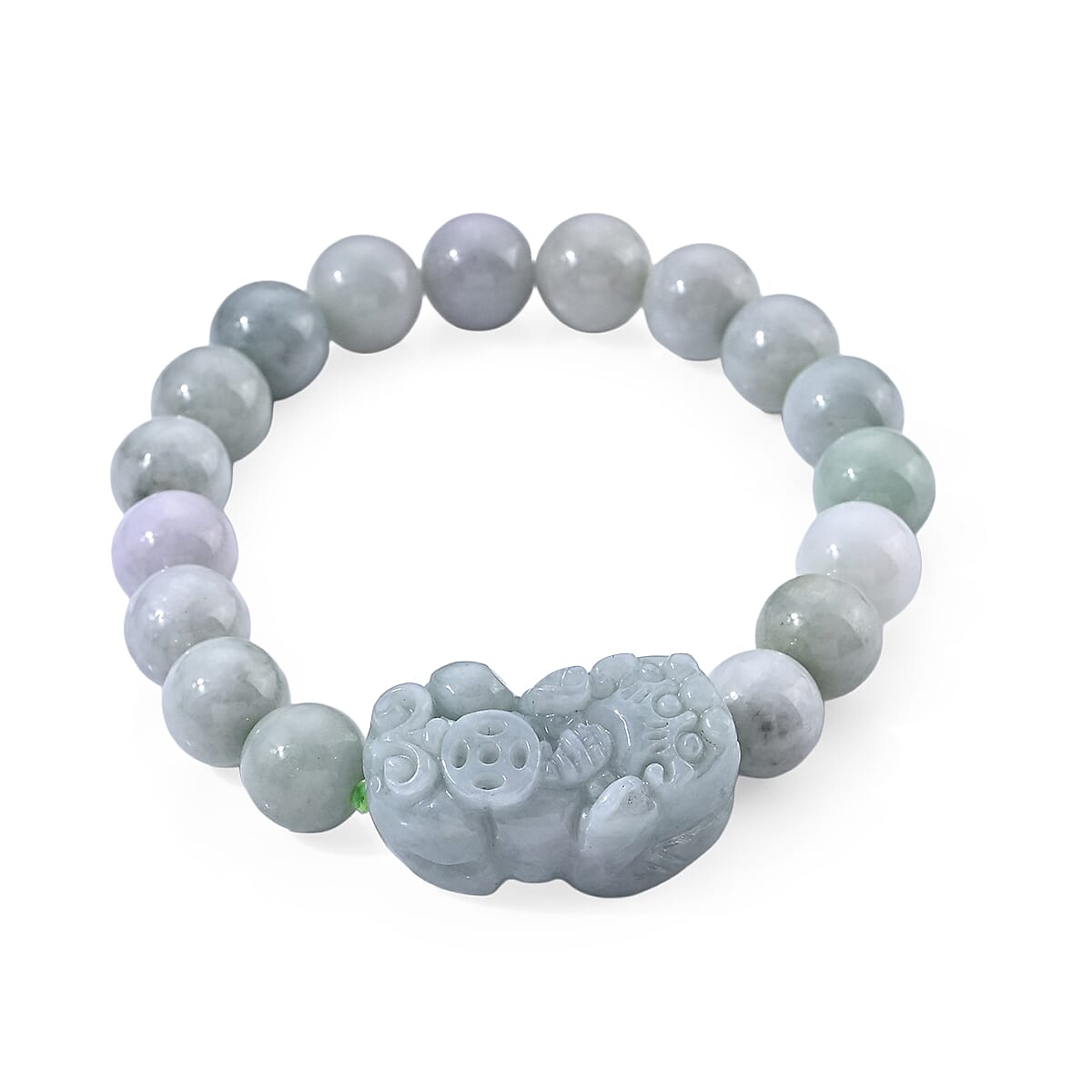 Natural Jade Carved Pixiu and Beaded Stretch Bracelet 180.00 ctw