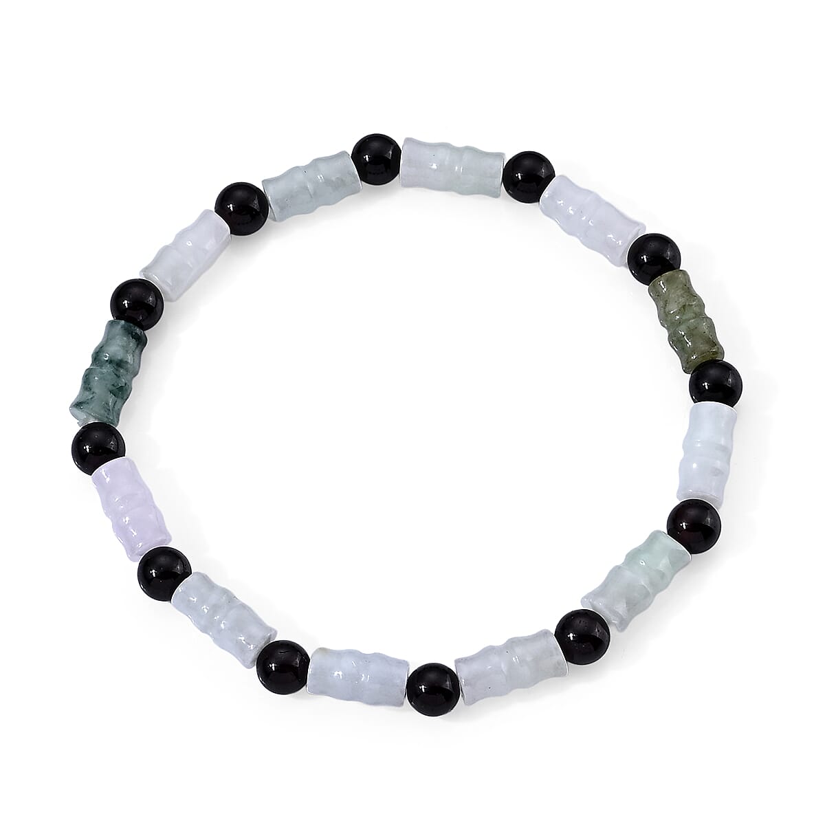 Natural Jade Carved and Red Garnet Beaded Stretch Bracelet 50.00 ctw