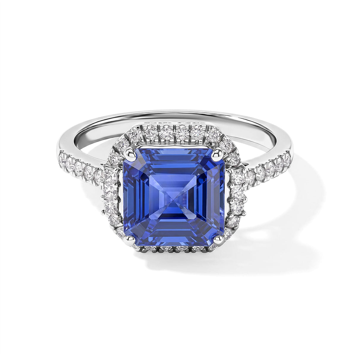 Certified and Appraised Rhapsody 950 Platinum AAAA Asscher Cut Tanzanite, Diamond (E-F VS) (0.49cts) Ring (Size 10.0) (5.50 g) 4.22 ctw