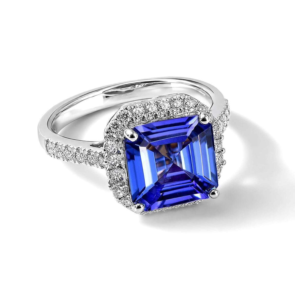 Certified and Appraised Rhapsody 950 Platinum AAAA Asscher Cut Tanzanite, Diamond (E-F VS) (0.49cts) Ring (Size 10.0) (5.50 g) 4.22 ctw