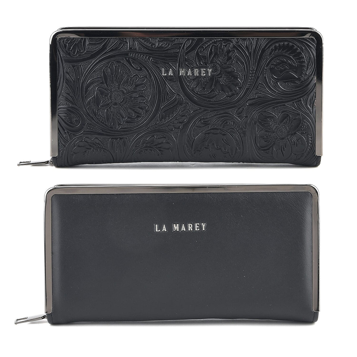 La Marey Set of 2 Black Embossed and Solid Faux Leather RFID Wallet