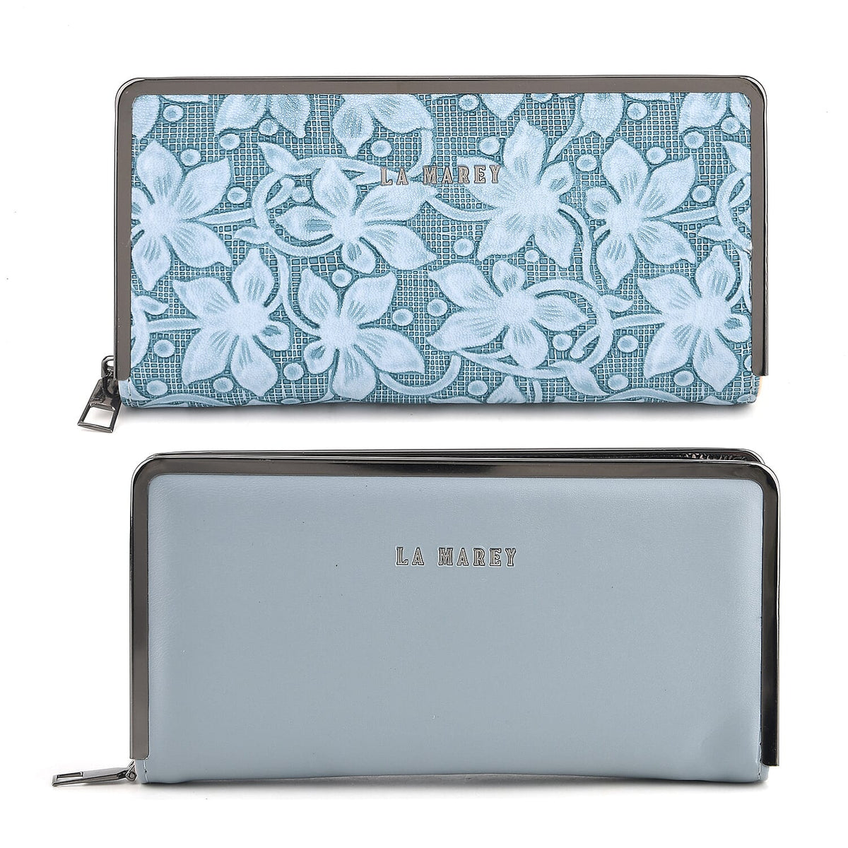 La Marey Set of 2 Black Flower Embossed and Solid Faux Leather RFID Wallet