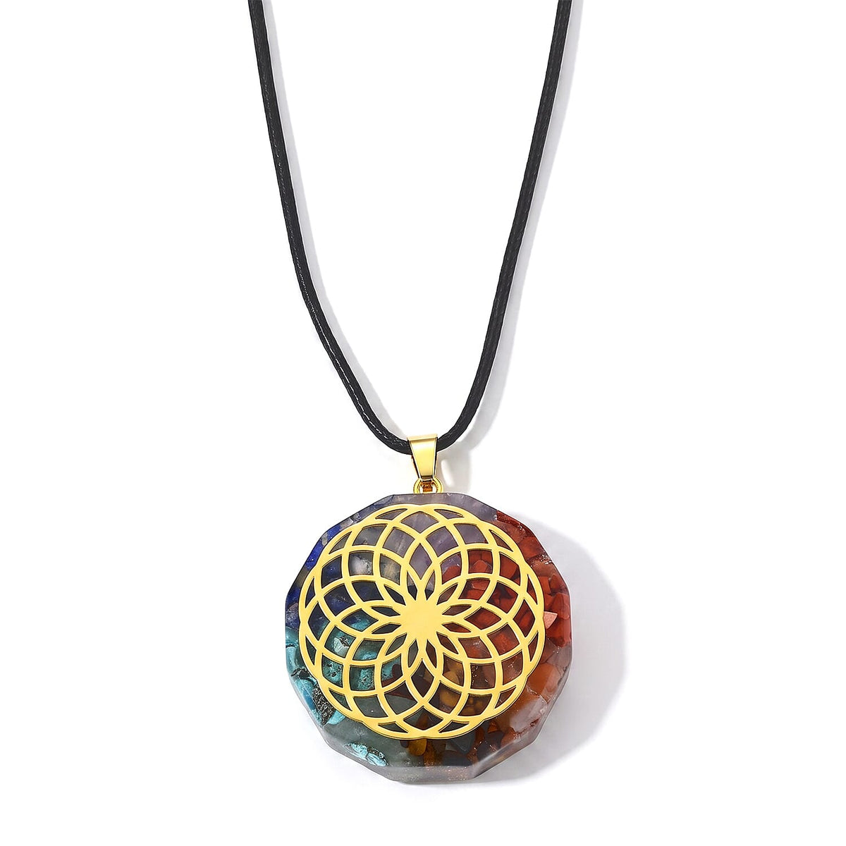 Turquoise, Red Jasper, Tigers Eye 24.00 ctw Flower of Life Pendant in Goldtone with ION Plated YG Stainless Steel Necklace 20 Inches