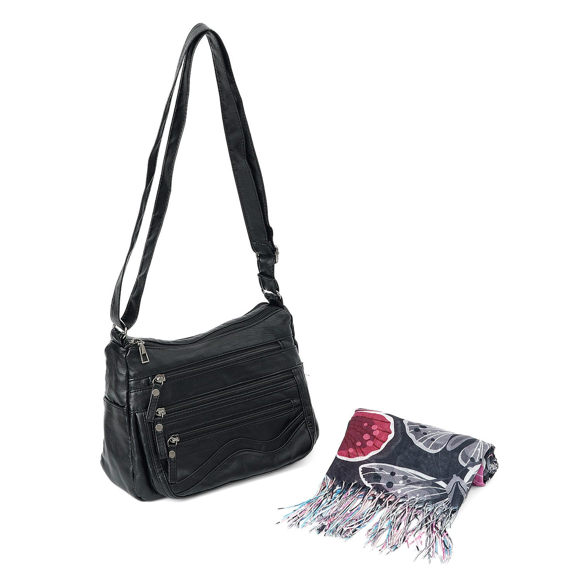 La Marey Black Faux Leather Crossbody Bag and Scarf Set