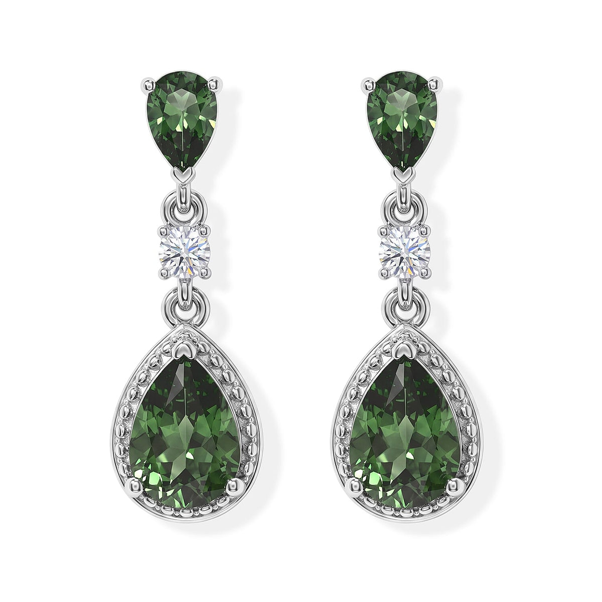 Natural Green Apatite and Moissanite 2.10 ctw Dangling Earrings in Rhodium Over Sterling Silver