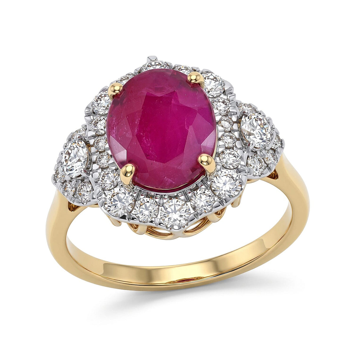 Certified and Appraised 10K Yellow Gold AAA Ruby, Luxuriant Lab Grown Diamond (G-H, SI) Ring (Size 6.0) 4.80 ctw