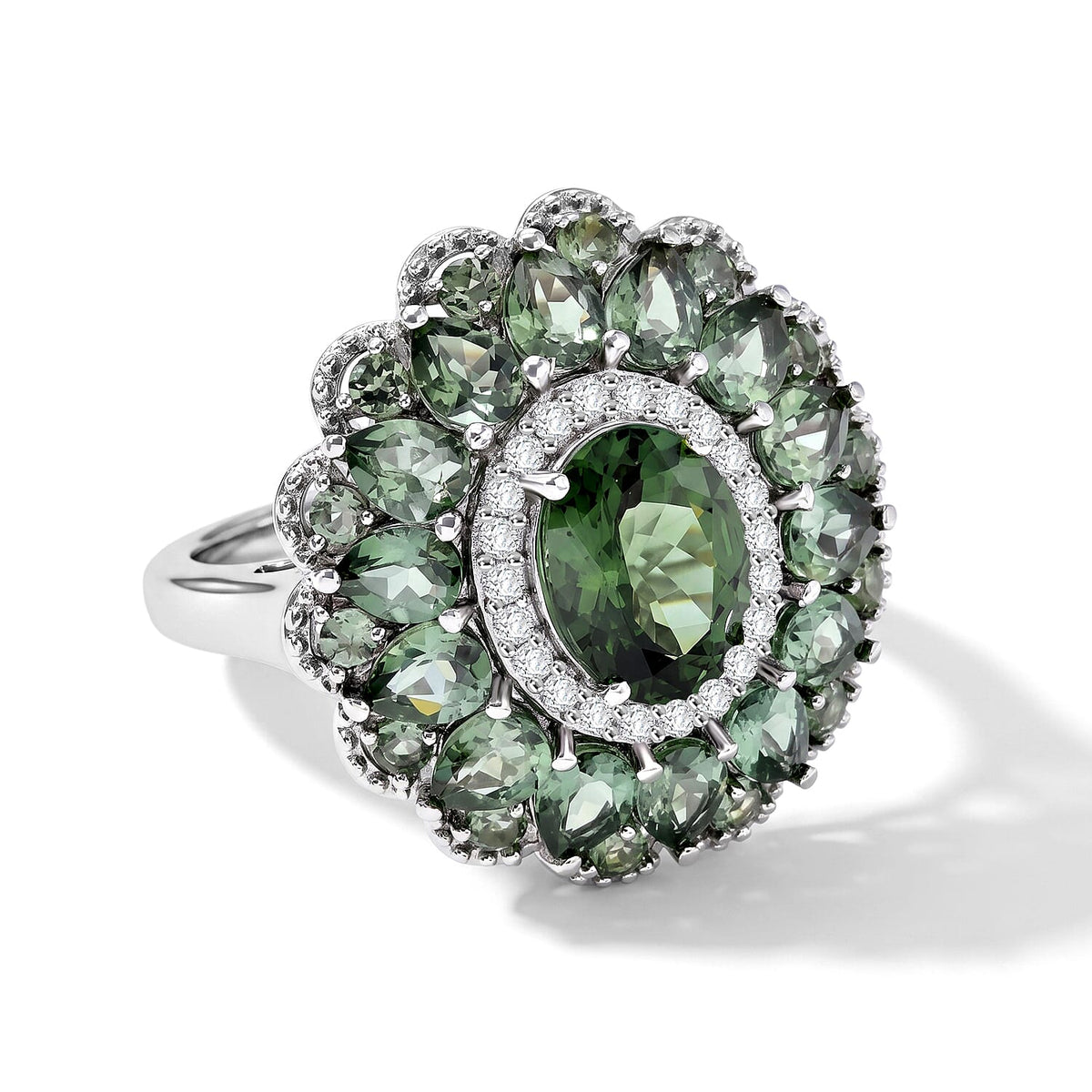 D''Joy Premium Natural Green Apatite, Moissanite Ring in Rhodium Over Sterling Silver (Size 10.0) 4.85 ctw
