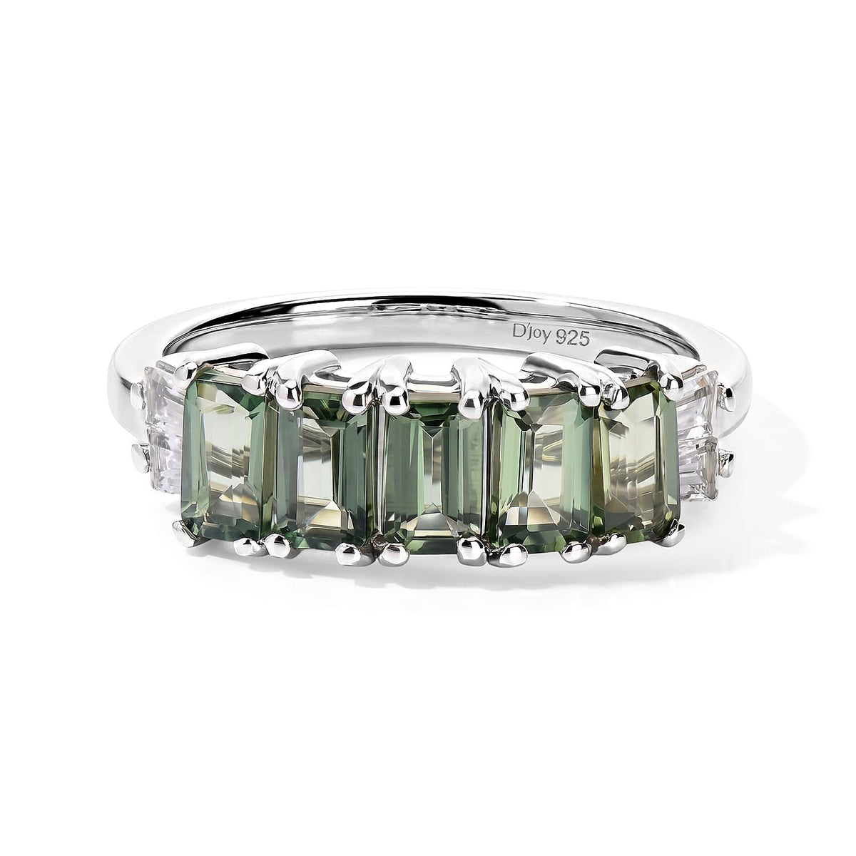 D''Joy Natural Green Apatite, White Zircon Band Ring in Rhodium Over Sterling Silver (Size 10.0) 2.00 ctw