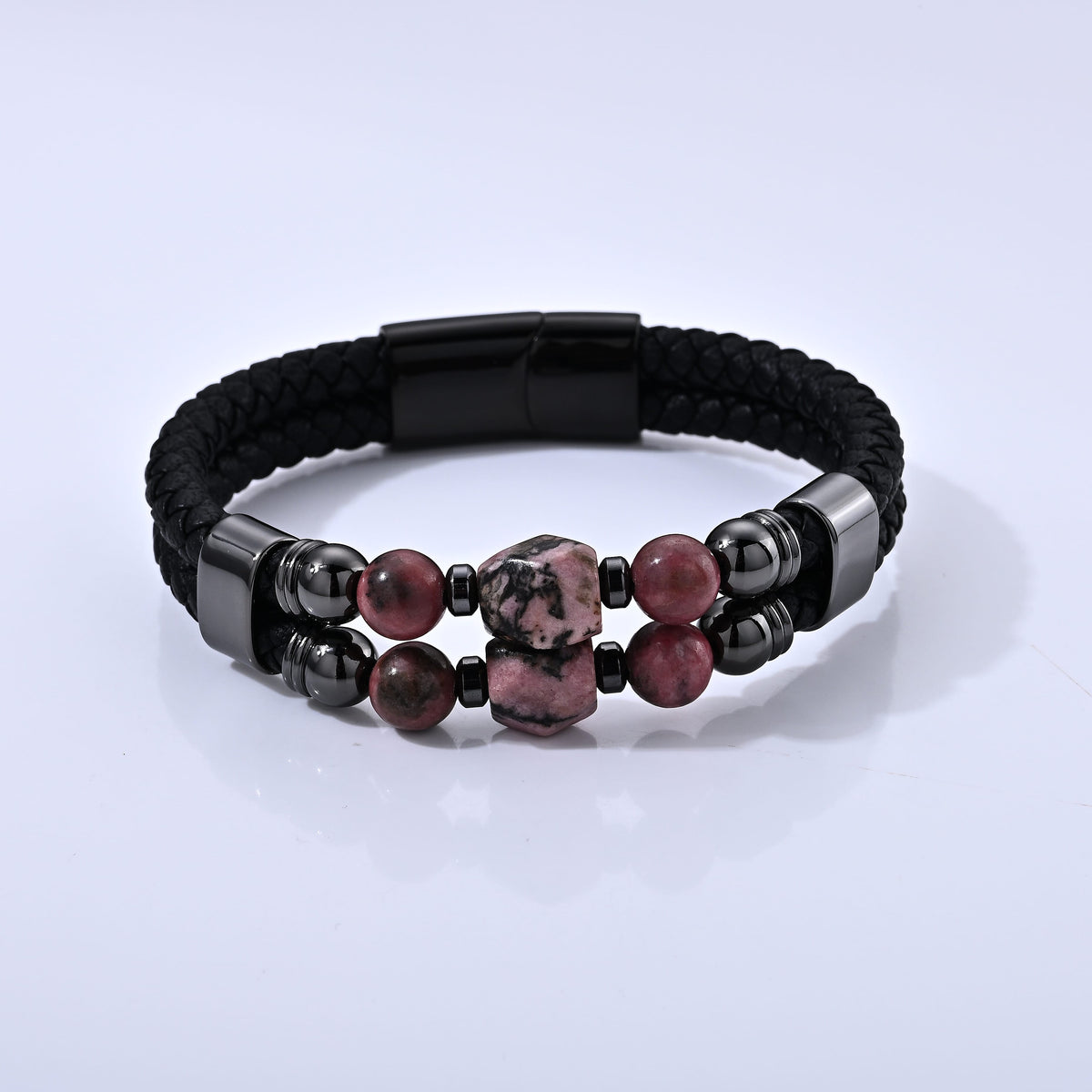 Green Aventurine 50.00 ctw Leather Bracelet in ION Plated Black Stainless Steel (8.50 In)