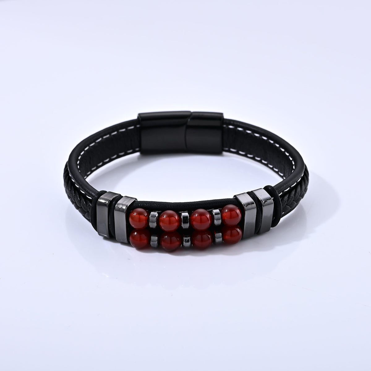 Red Agate 30.00 ctw Leather Beaded Bracelet in ION Plated Black Stainless Steel (8.50 In)
