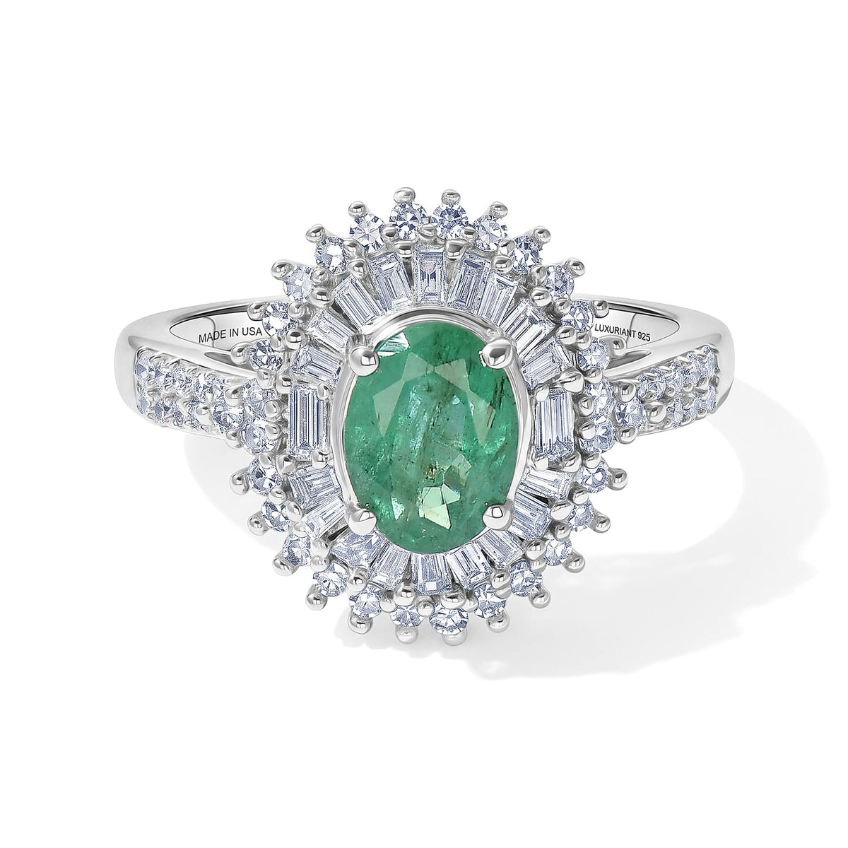 AAA Kagem Zambian Emerald and Luxuriant Lab Grown Diamond G-H SI 1.80 ctw in Rhodium Over Sterling Silver (Size 6.0)
