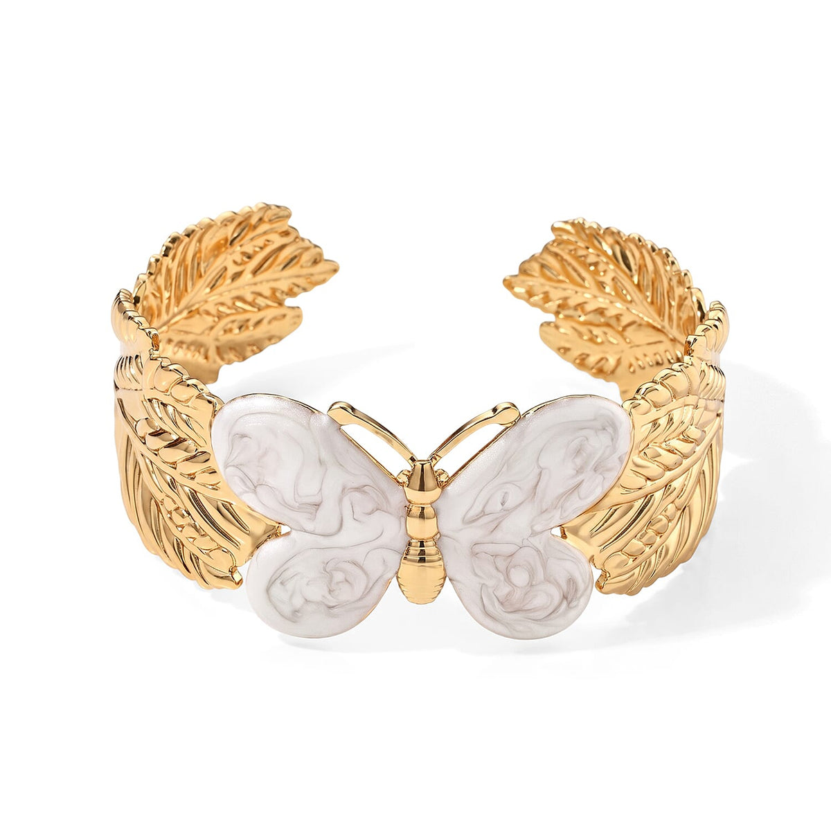 Blue Enameled Butterfly Cuff Bracelet in ION Plated YG Stainless Steel (6.5-7In)