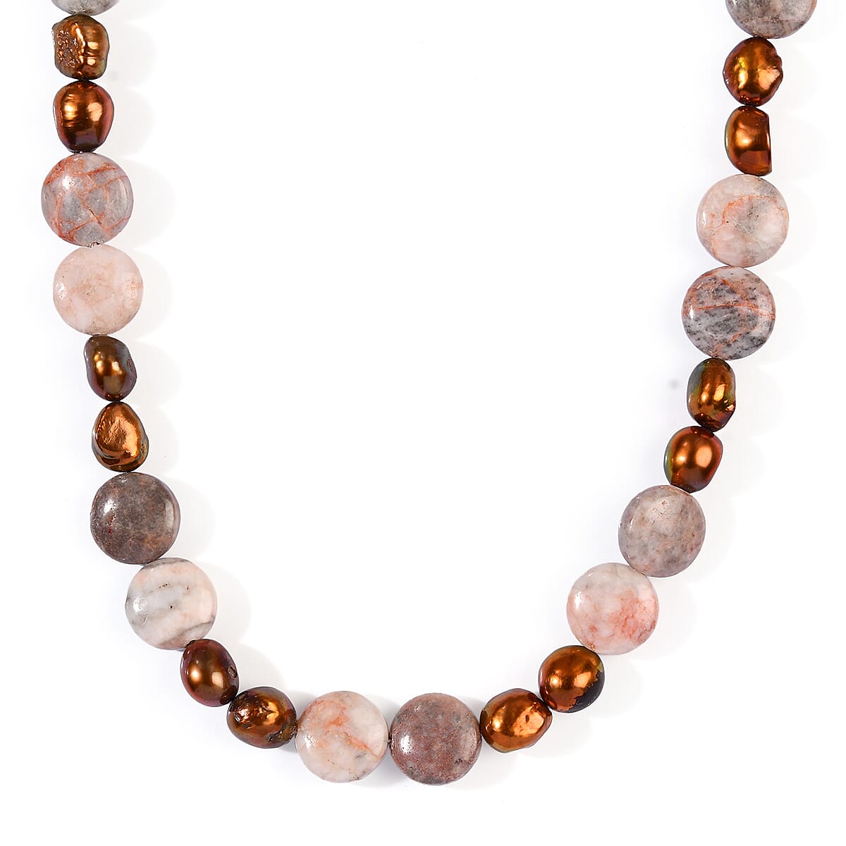 EverTrue Pink Zebra Jasper, Brown Pearl Necklace (18 Inches) in Platinum Bond 90.00 ctw
