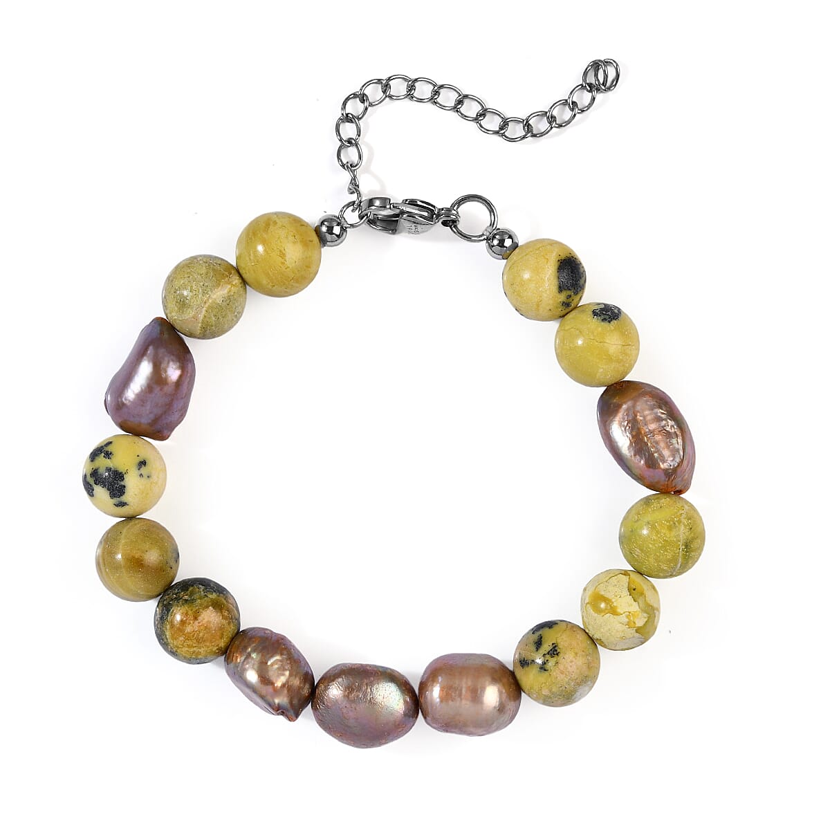 EverTrue Yellow Turquoise, Brown Pearl Bracelet in Stainless Steel (7.25 In) 55.00 ctwVGL Pure Stainless TQ16 Bracelet