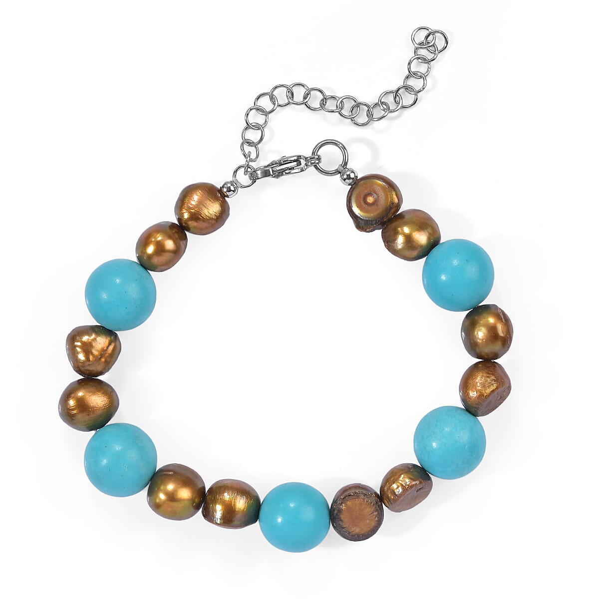 EverTrue Blue Howlite, Brown Pearl Bracelet in Stainless Steel (7.25 In) 50.00 ctw