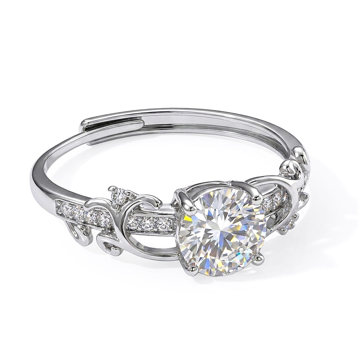 Moissanite and Simulated Diamond Ring in Silvertone (Adjustable) 1.30 ctw