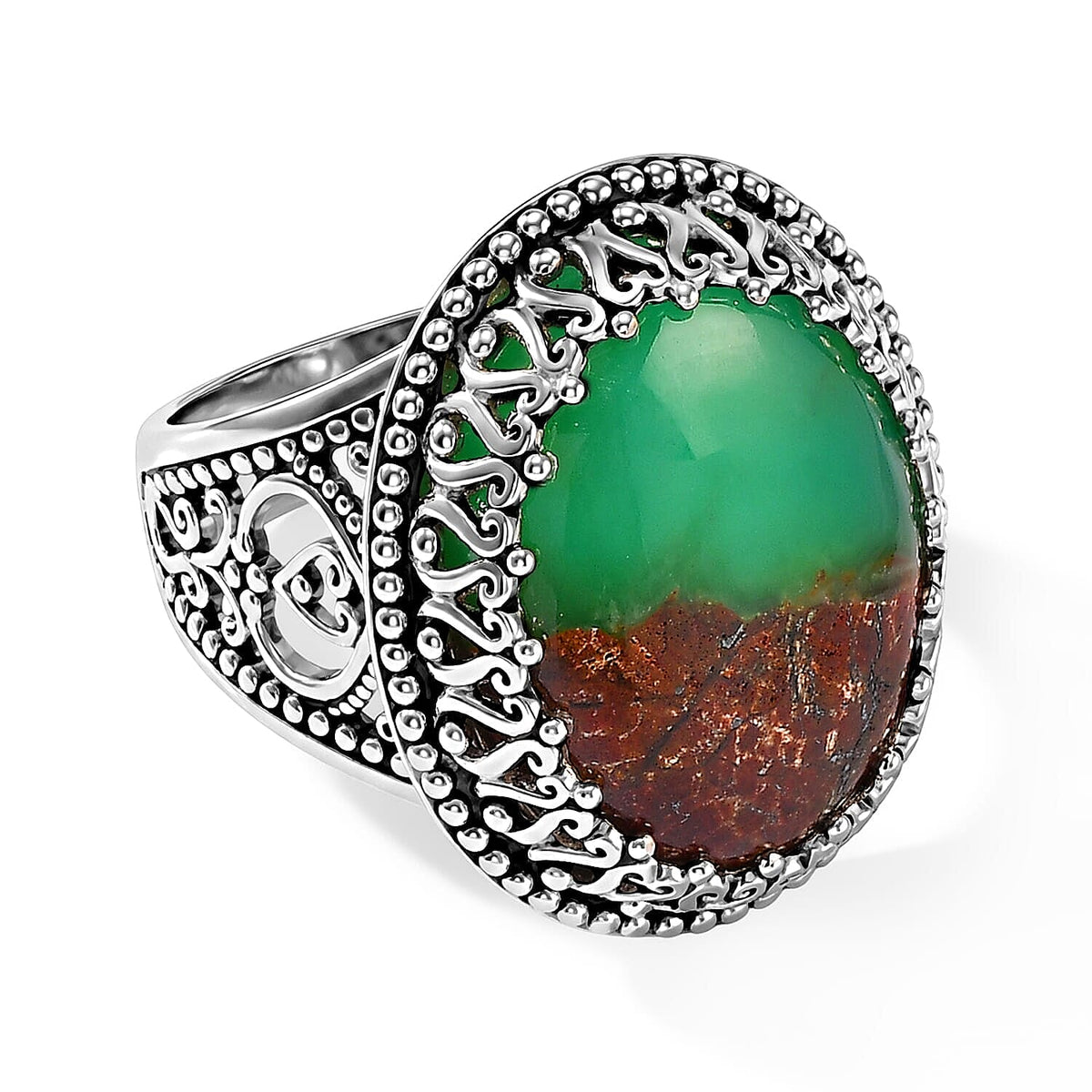 Chrysoprase Ring Sterling Silver Silver Wt. 6.88 g 10.00 ctw