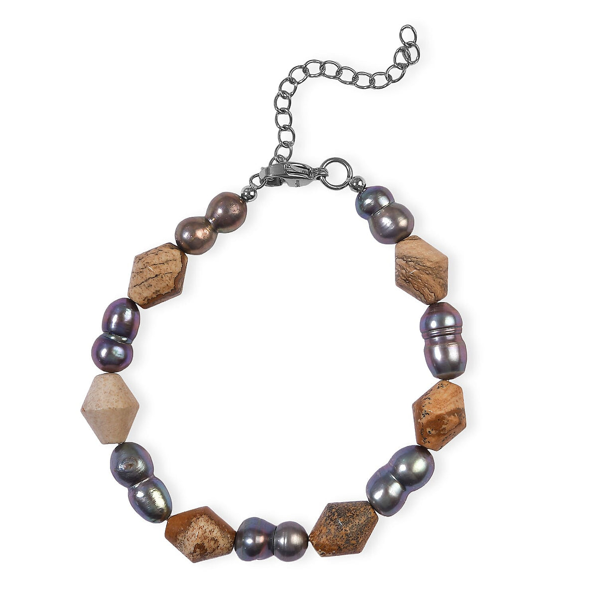 EverTrue Peacock Pearl and Picture Jasper 40.00 ctw Bracelet in Stainless Steel (7.25-9.25In)