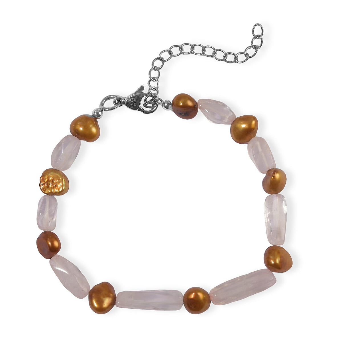 EverTrue Brown Pearl (D) and Galilea Rose Quartz 20.00 ctw Bracelet in Stainless Steel (7.25-9.25In)
