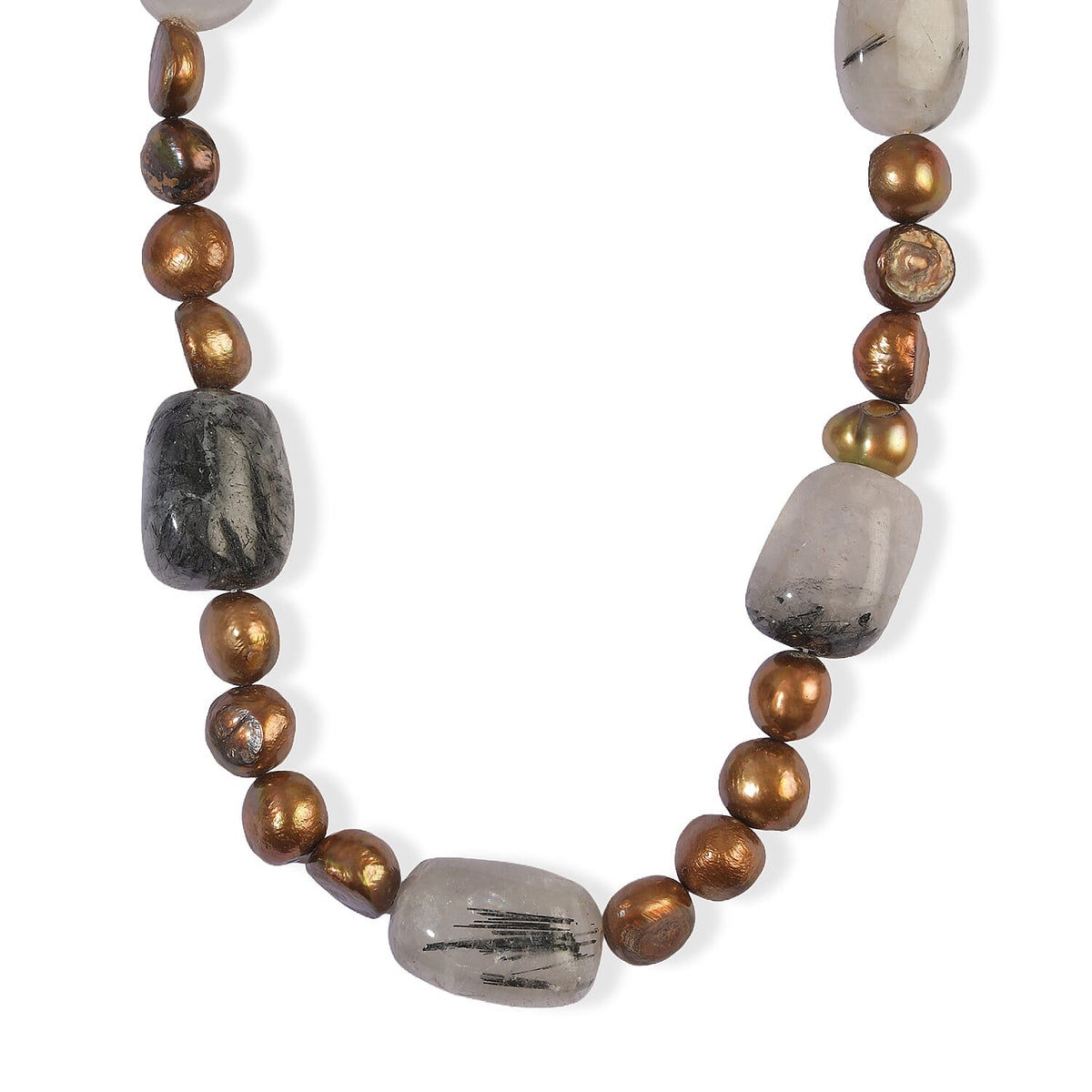 EverTrue Black Rutile Quartz and Brown Pearl (D) 220.00 ctw Necklace (18 Inches) in Platinum Bond