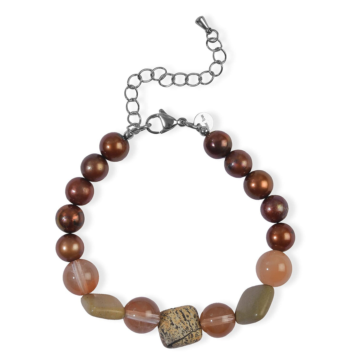 EverTrue Paintbrush Jasper, Lodolite and Brown Freshwater Pearl 50.00 ctw Bracelet in Stainless Steel (7.25-9.25In)