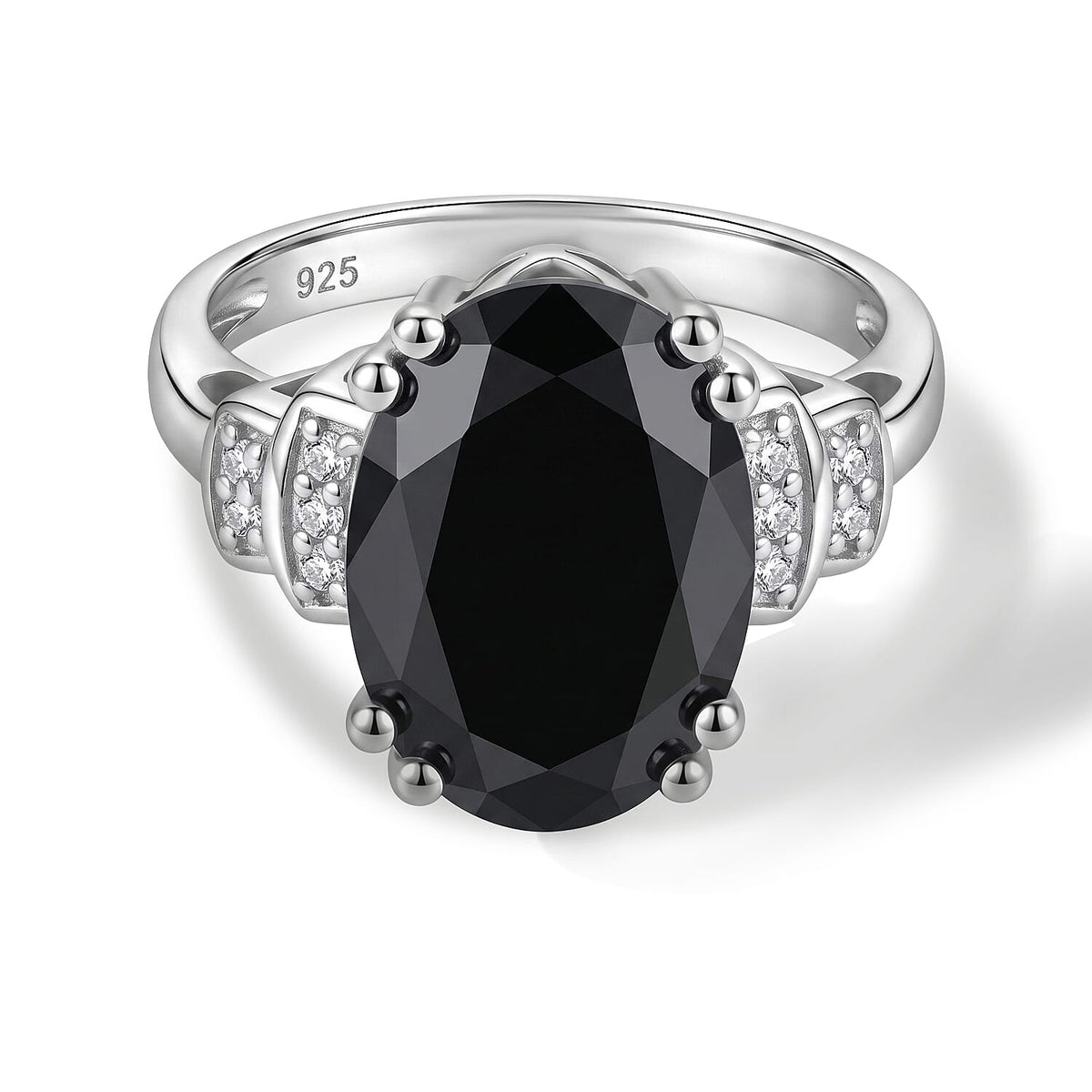 Black Agate, Simulated Diamond Ring in Sterling Silver (Size 6.5) 5.55 ctw