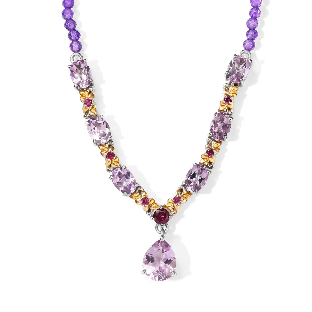 EverTrue Rose De France Amethyst and Multi Gemstone 27.40 ctw Necklace (18 Inches) in 18K YG Plated and Platinum Bond