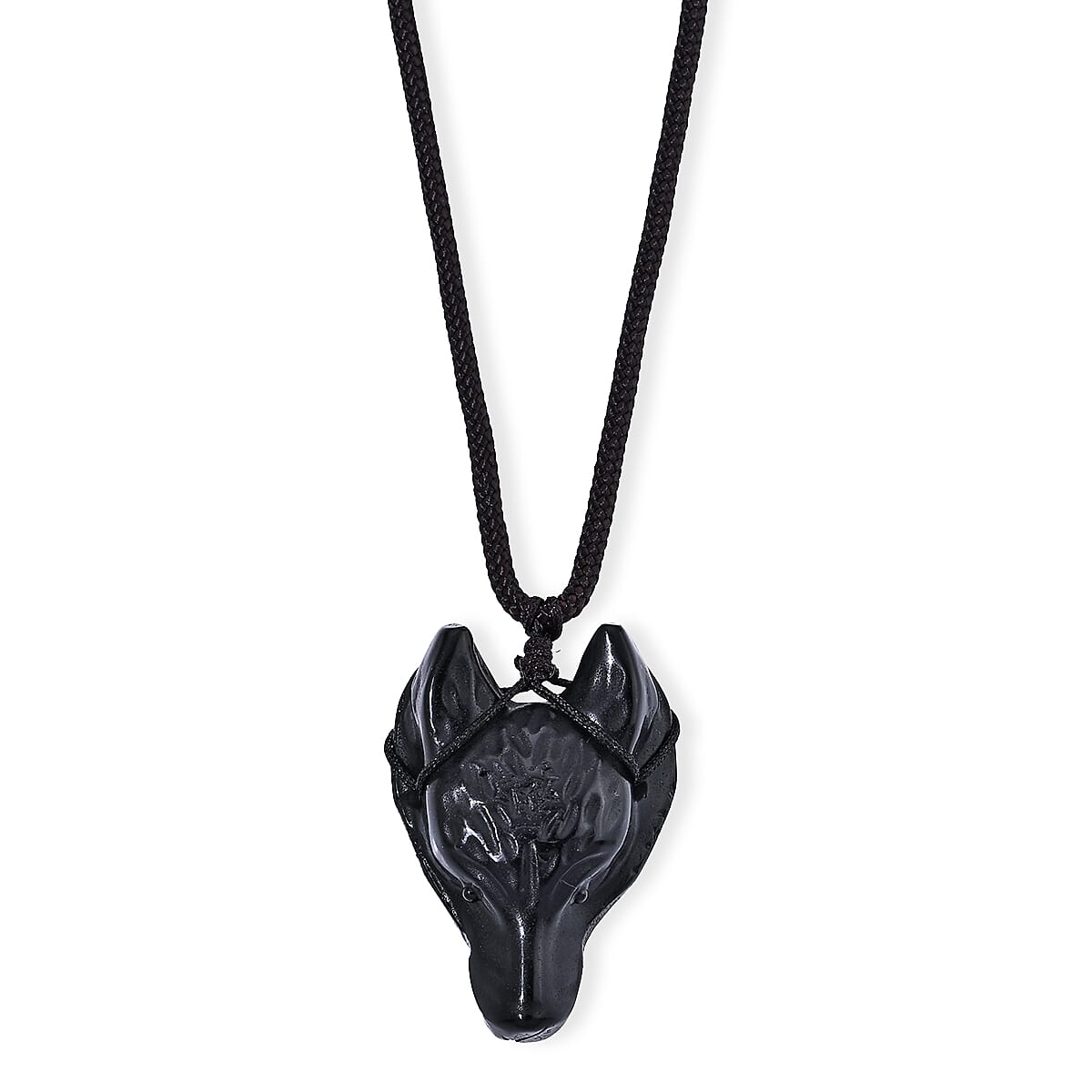 Black Obsidian 63.00 ctw Wolf Pendant Woven Necklace (26 Inches)