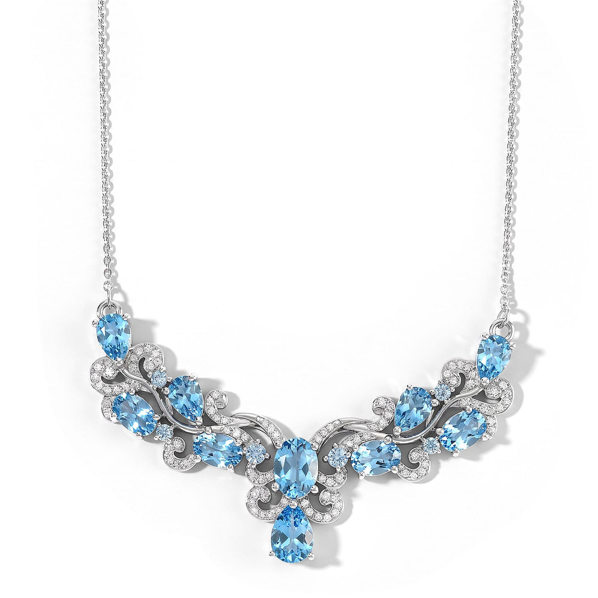 D''Joy Premium Lab Certified Swiss Blue Topaz and Moissanite 6.75 ctw Necklace (18 Inches) in Rhodium Over Sterling Silver