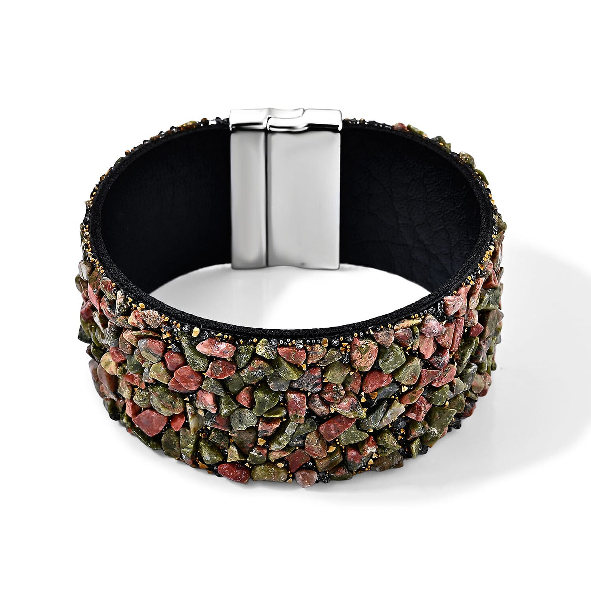Yellow Tigers Eye 20.00 ctw and Grey Austrian Crystal Leather Bracelet in Silvertone (7.25 In)