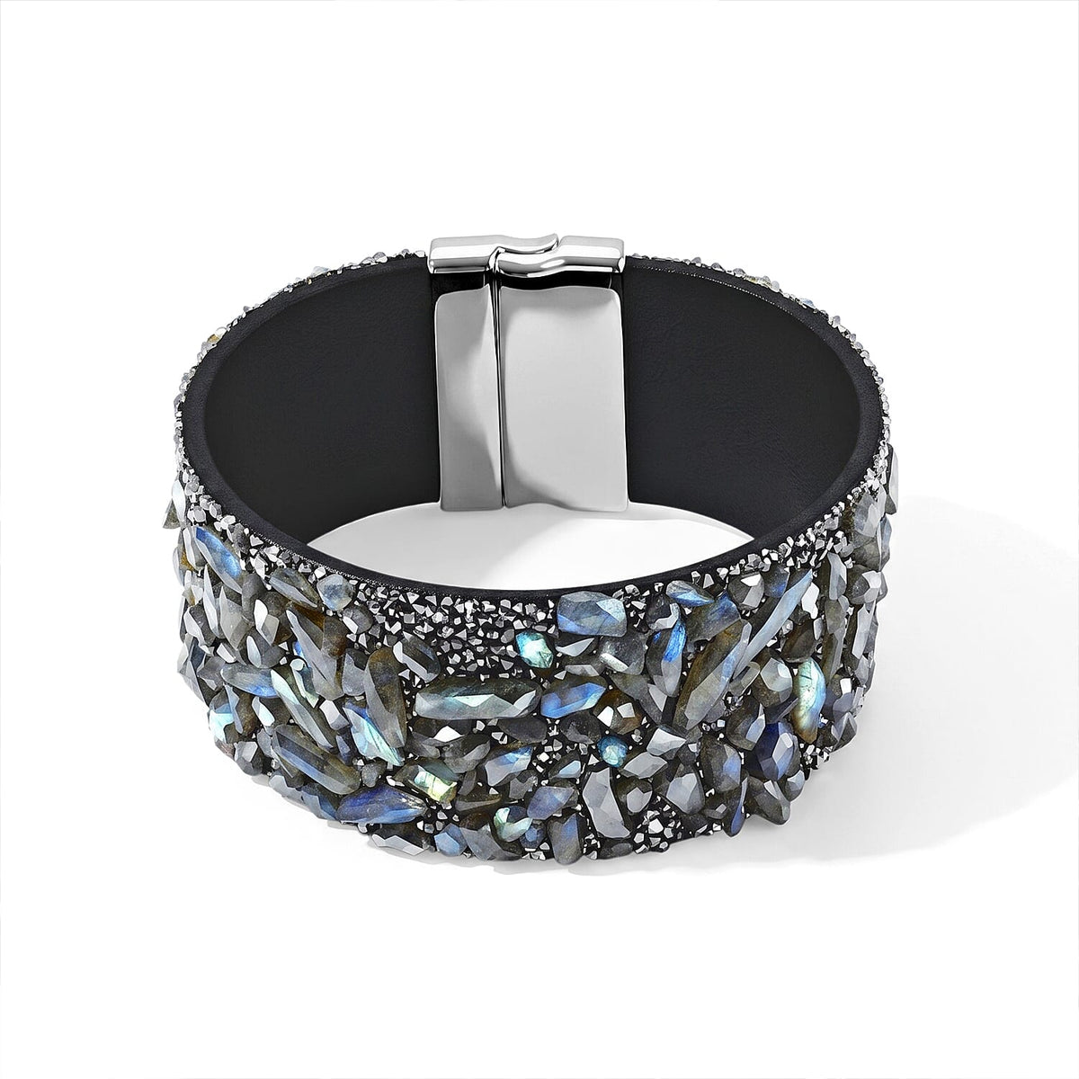 Yellow Tigers Eye 20.00 ctw and Grey Austrian Crystal Leather Bracelet in Silvertone (7.25 In)