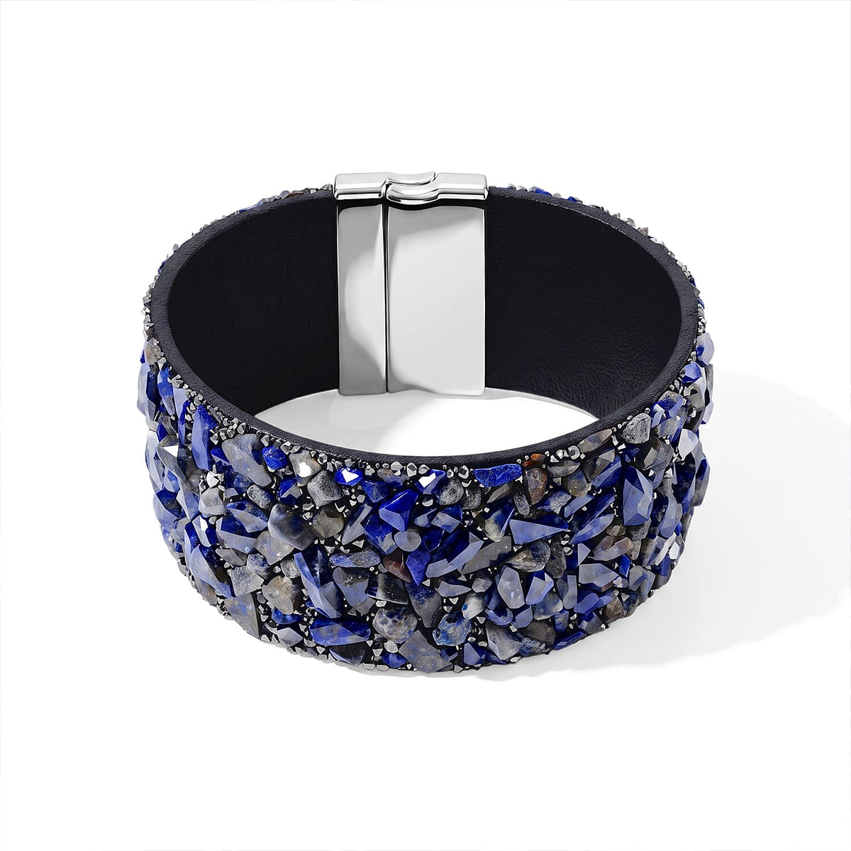 Yellow Tigers Eye 20.00 ctw and Grey Austrian Crystal Leather Bracelet in Silvertone (7.25 In)