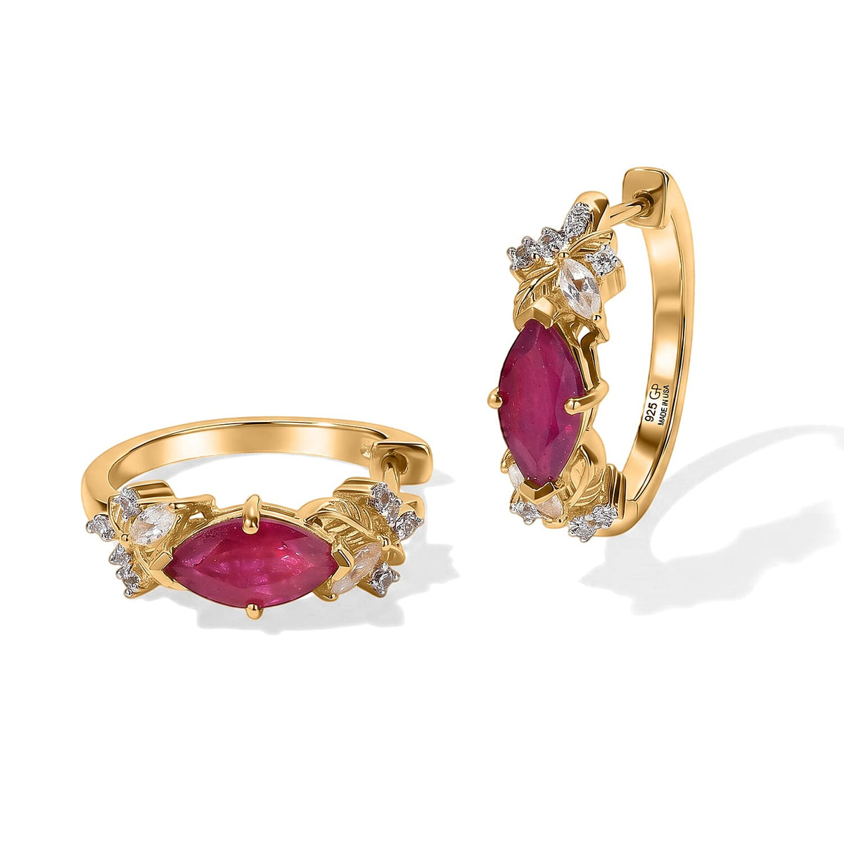 GP Ruby and White Zircon 3.50 ctw Hoop Earrings in 18K Vermeil Yellow Gold Over Sterling Silver