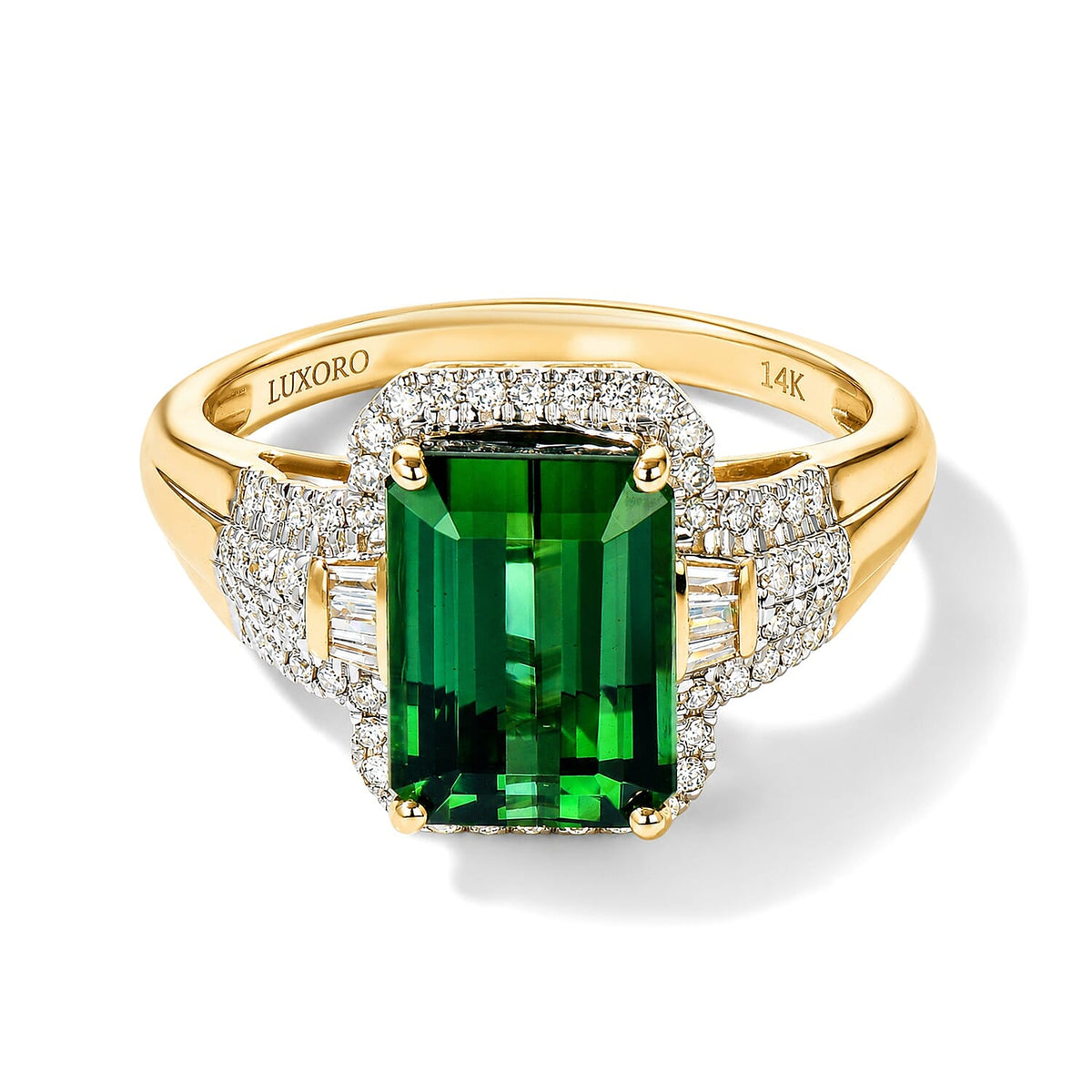 Luxoro AAA Sapo Green Tourmaline and Diamond I2 5.30 ctw Ring in 14K Yellow Gold (Size 8.0)