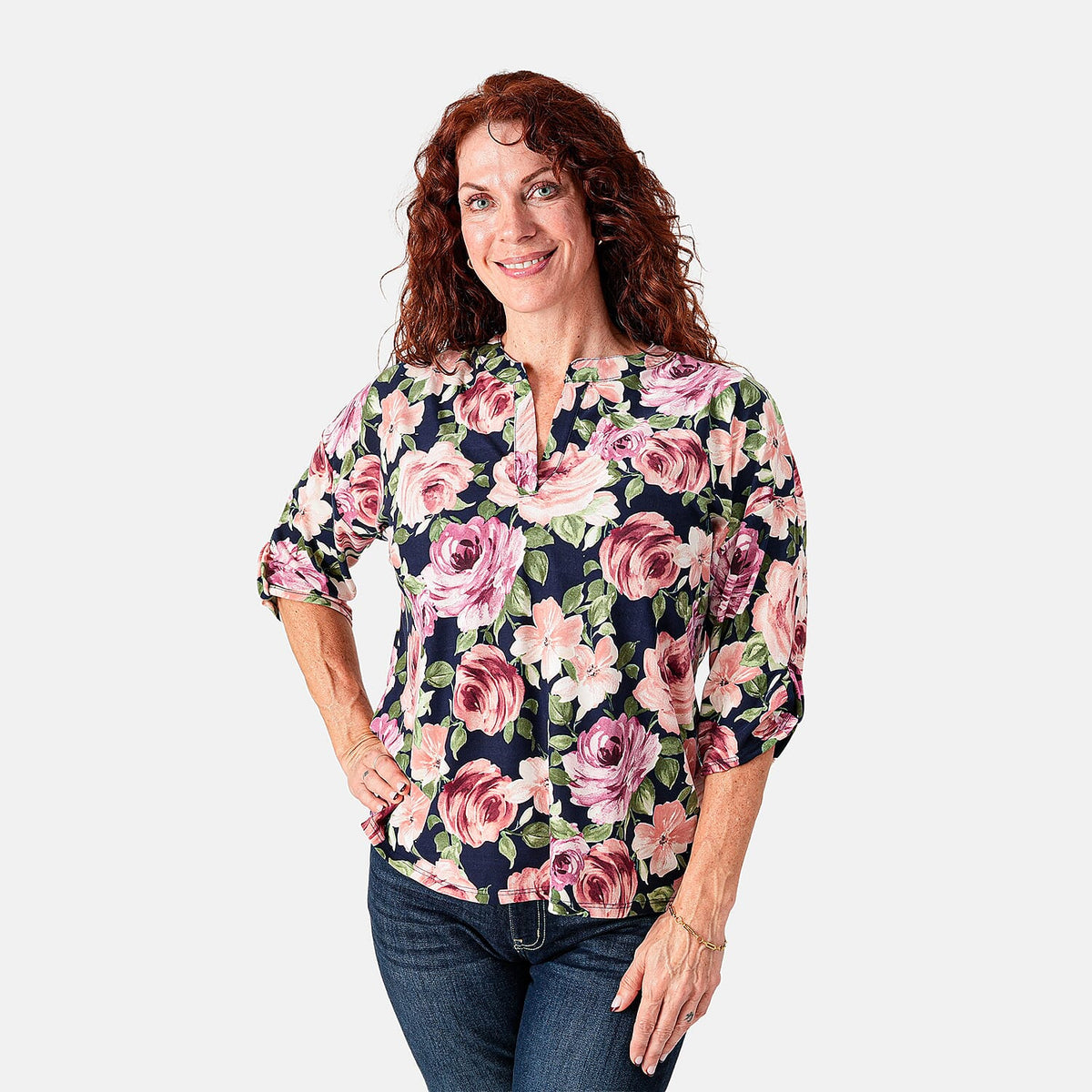 White Lily Black Floral Split NK Roll Tab Sleeve Top - M