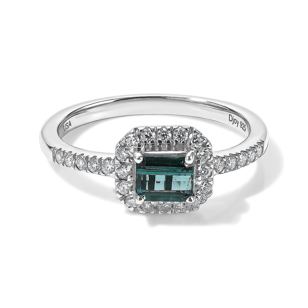 D'Joy AAAA Monte Belo Indicolite, Moissanite Classic Halo Elegance Ring in Rhodium Over Sterling Silver (Size 9.0) 0.80 ctw