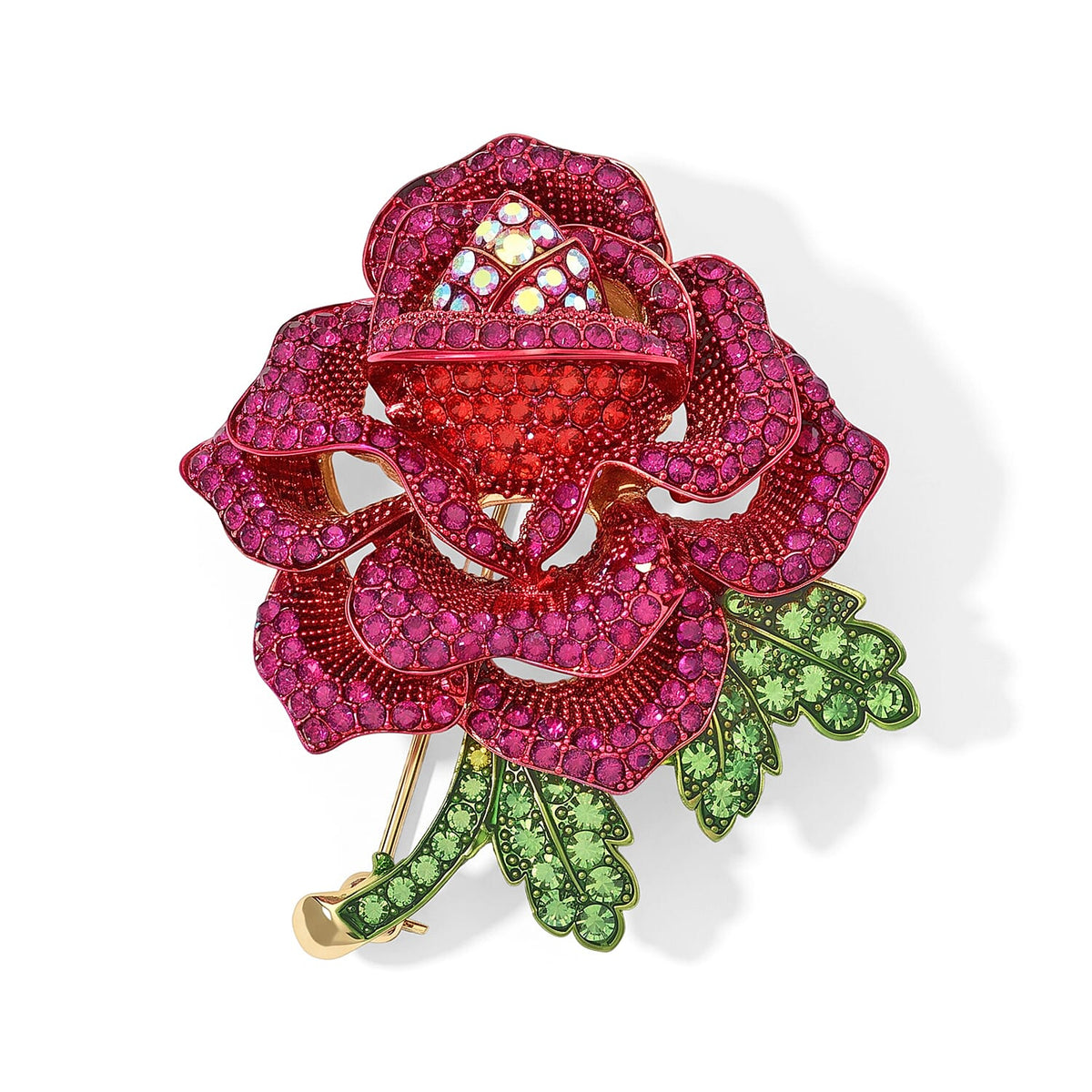 Austrian Multi Crystal Red Rose Brooch in Goldtone