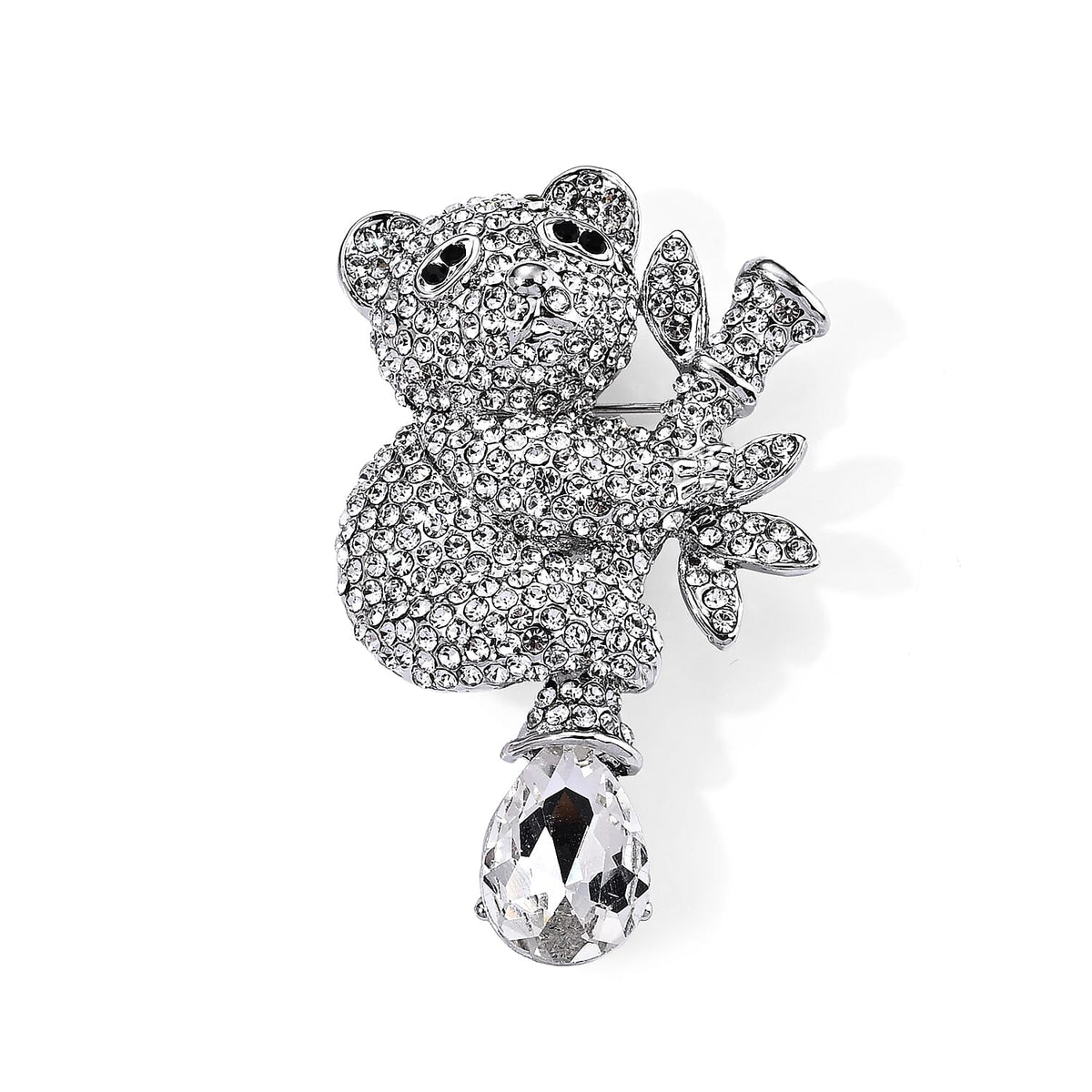 Austrian White and Black Crystal Cat Brooch in Silvertone
