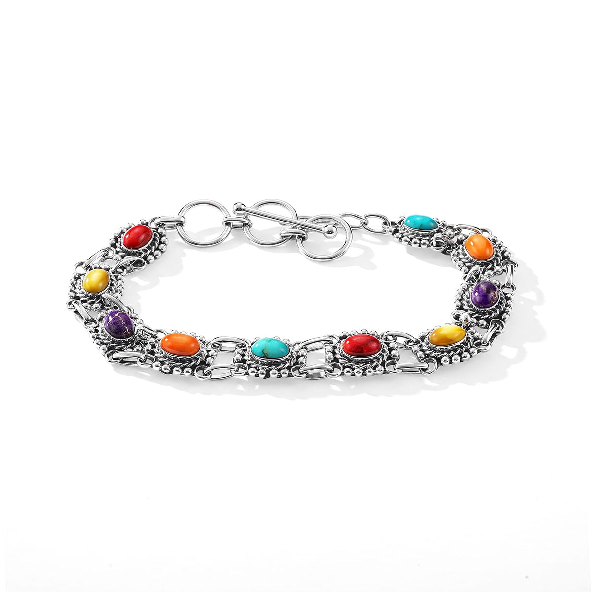 Santa Fe Style Multi Gemstone Bracelet in Sterling Silver (7.0-8.0In) 2.00 ctw