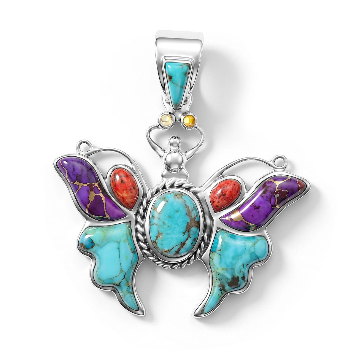 Santa Fe Style Spiny Turquoise Butterfly Pendant without Chain in Sterling Silver 0.60 ctw