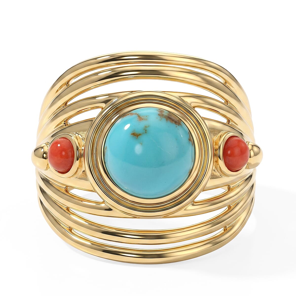 EverTrue Sonoran Turquoise, Coral Ring in 18K YG Plated (Size 7.0) 2.15 ctw