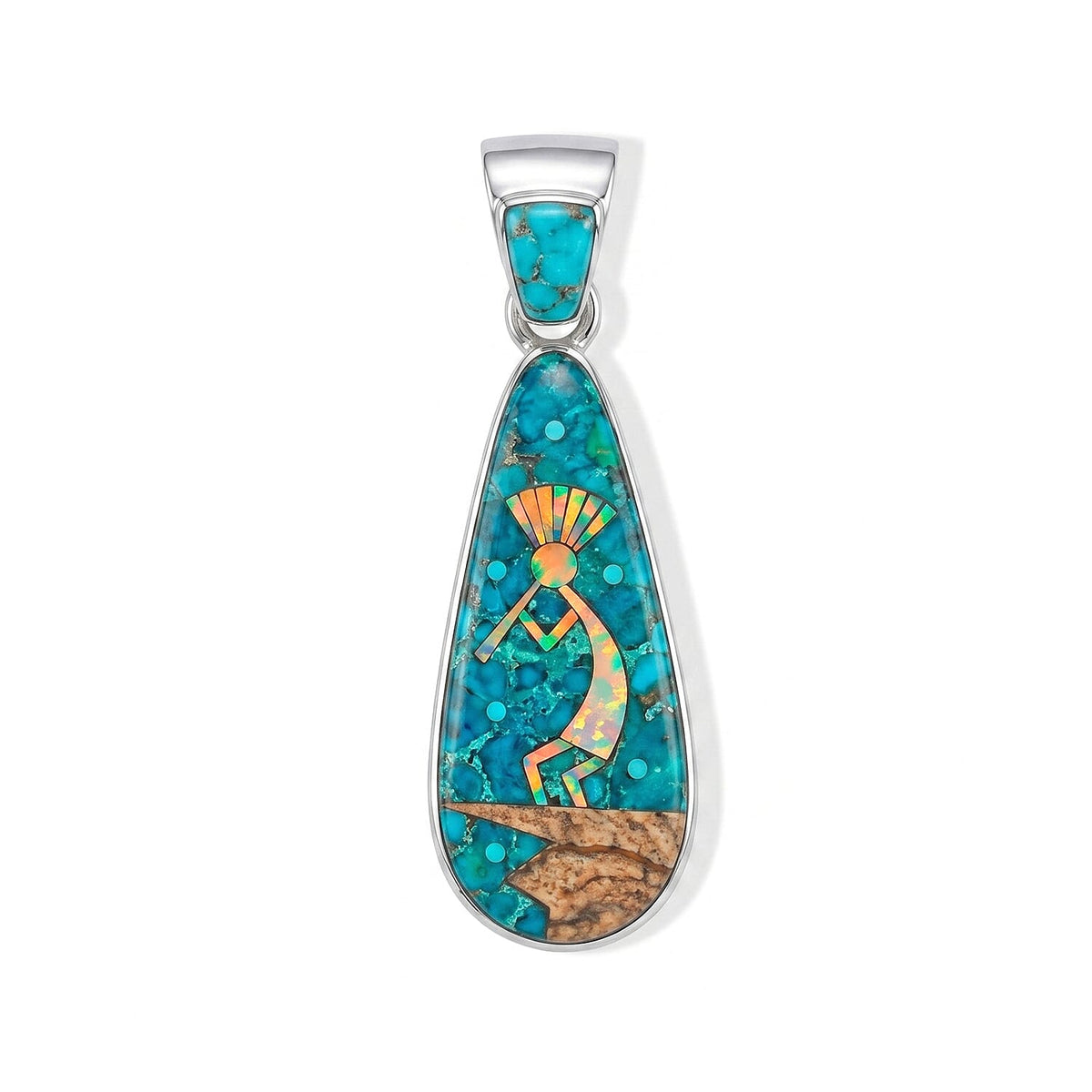 Santa Fe Style Spiny Turquoise and Multi Gemstone 2.00 ctw Kokopelli Pendant Without Chain in Sterling Silver