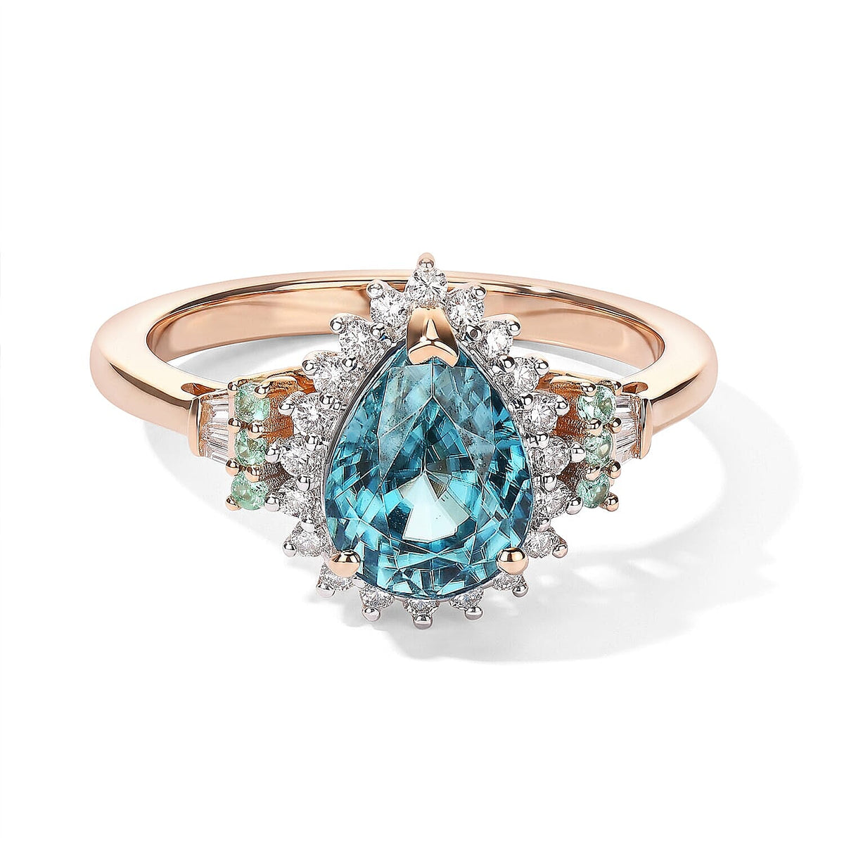 Luxoro 10K Rose Gold AAA Cambodian Blue Zircon, Paraiba Tourmaline and Diamond (I2) Ring (Size 10.0) 3.40 ctw