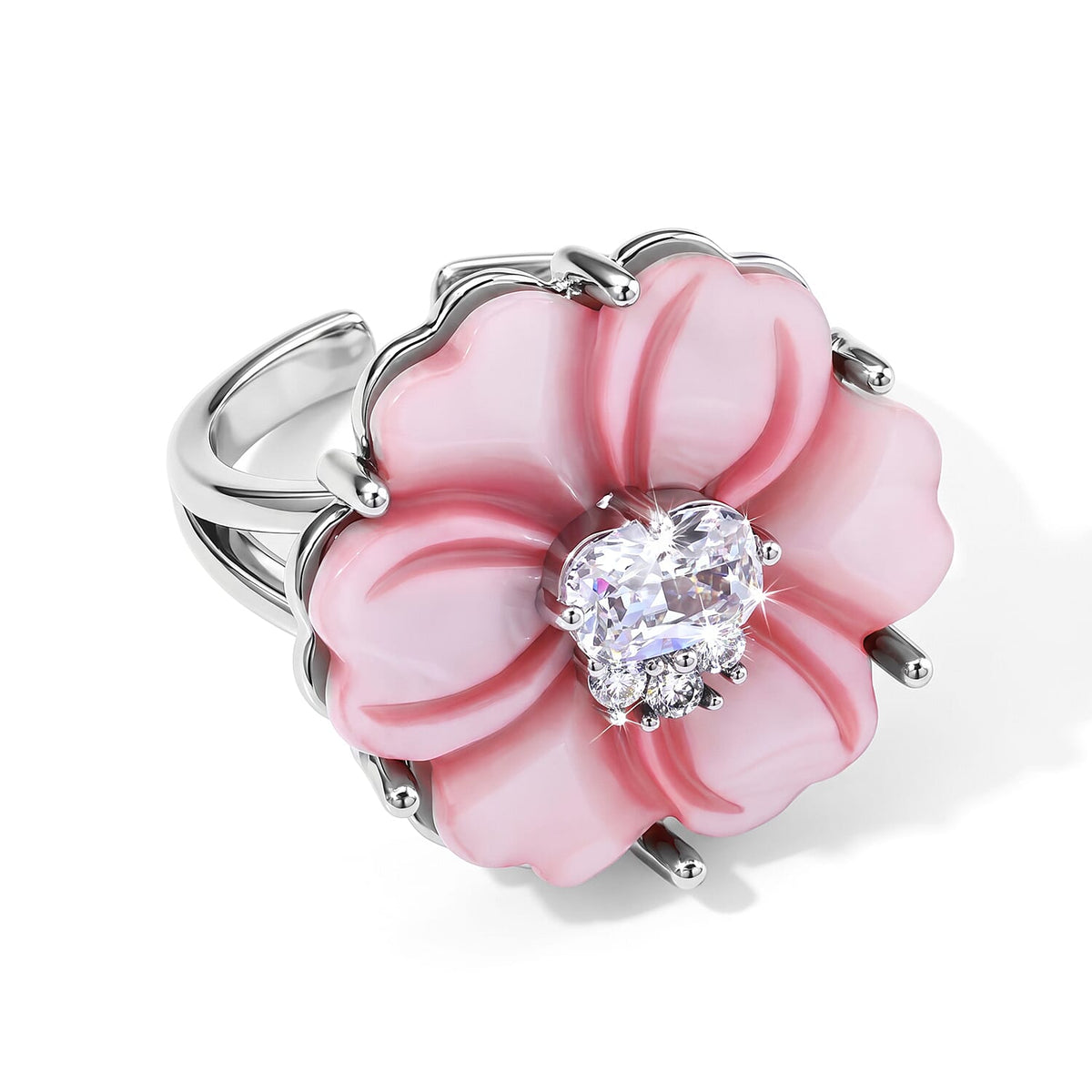 Simulated Diamond and White Shell Pearl Floral Ring in Silvertone (Size 7-9)