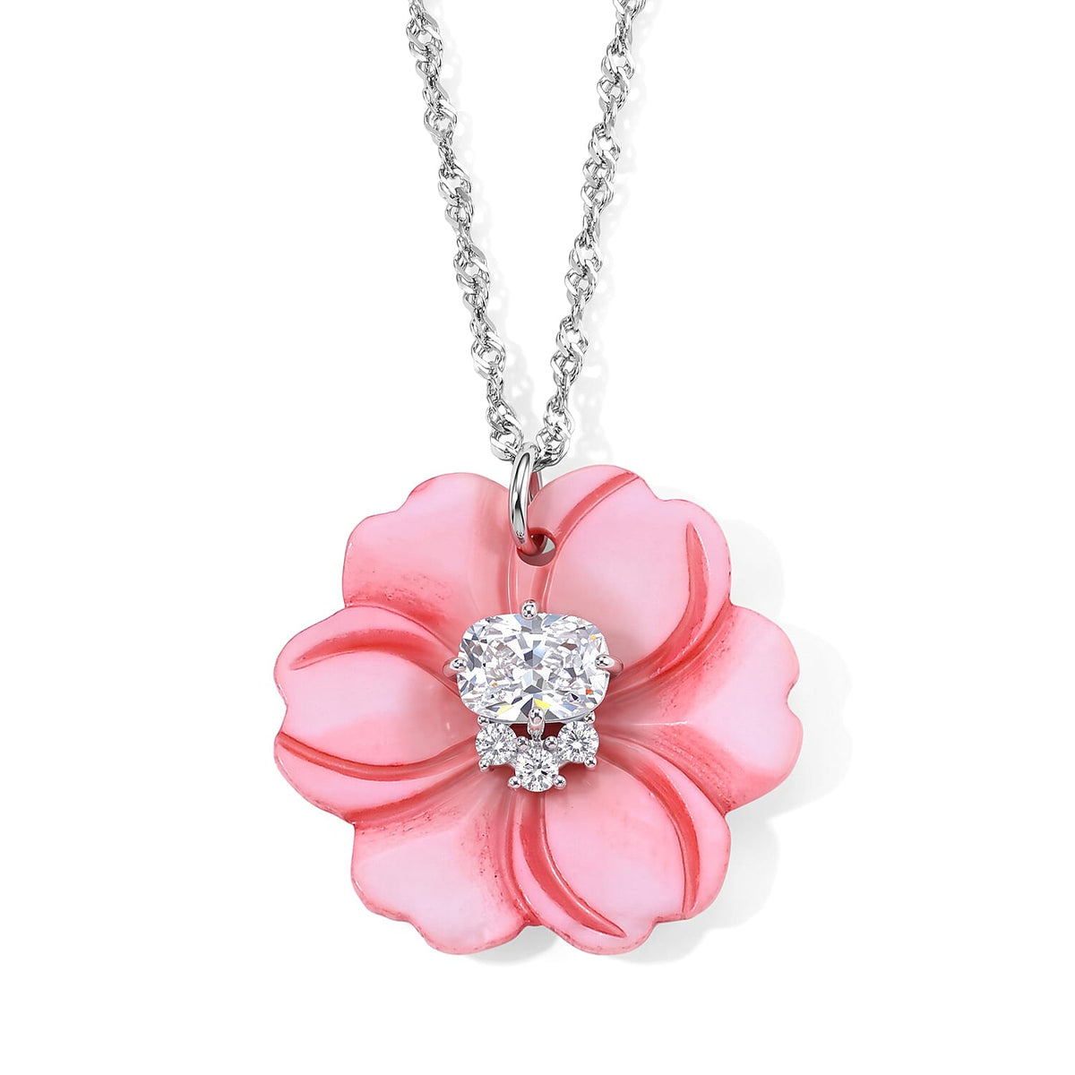 Simulated Diamond and White Shell Pearl Floral Necklace in Silvertone 20-22 Inches