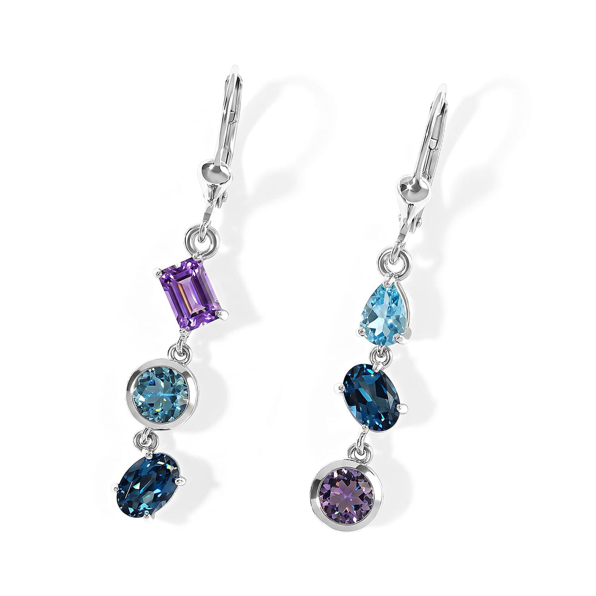 D''Joy Premium Rose De France Amethyst and Multi Gemstone 3.50 ctw Earrings in Rhodium Over Sterling Silver