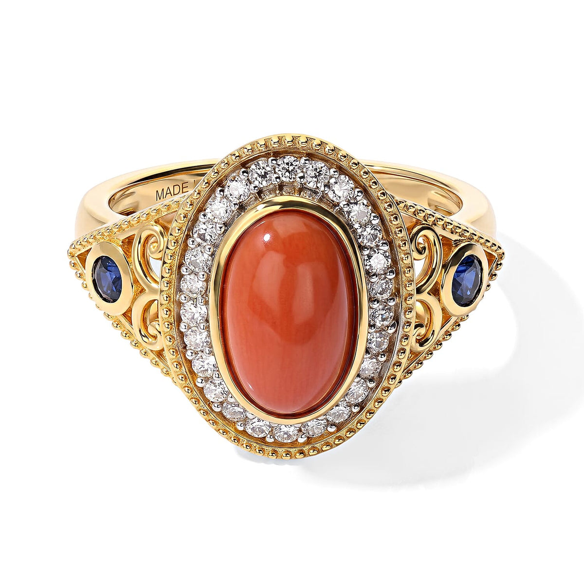 D''Joy Mediterranean Coral , Blue Sapphire , Moissanite Main Stone With Surrounding Stone Ring in 18K YG VermeilSterling Silver 2.58 ctw