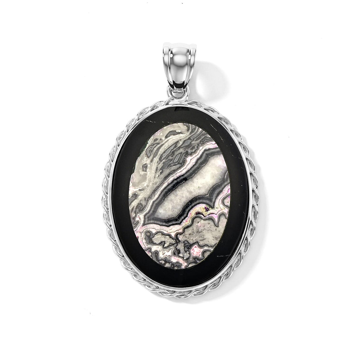 Flower Picture Jasper,Blackstone 50.50 ctw Pendant in Silvertone