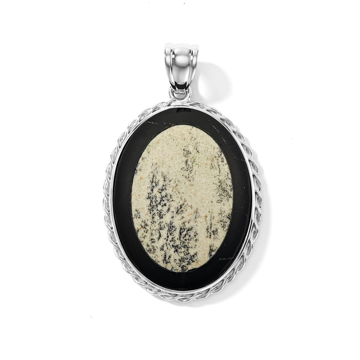 Flower Picture Jasper,Blackstone 50.50 ctw Pendant in Silvertone